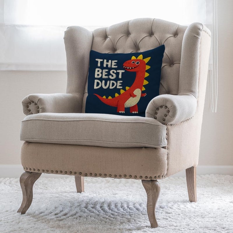 Moslion Dinosaur Throw Pillow Case Cute Cartoon Wild Safari Animal Red Dinosaur Pillow Cover Decorative Square Cushion Accent Cotton Linen 18x18 Inch for Sofa Chair Navy Blue - Image 4